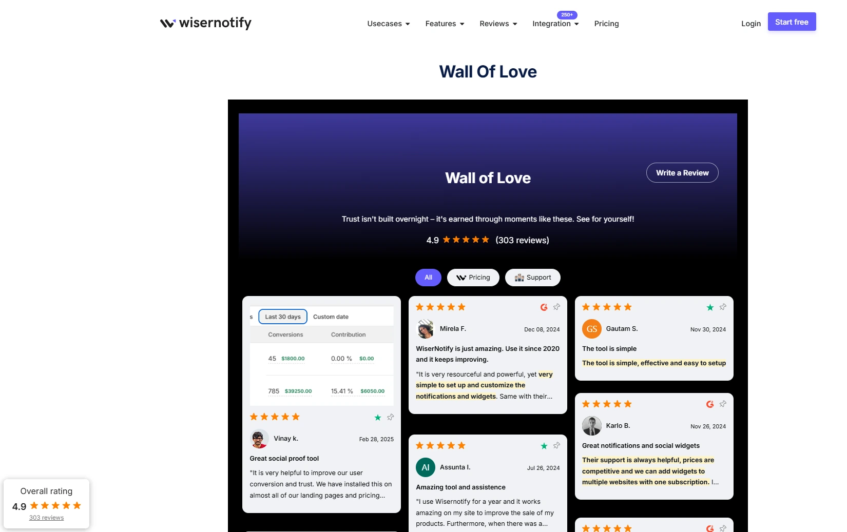 Reviews on website - WiserNotify