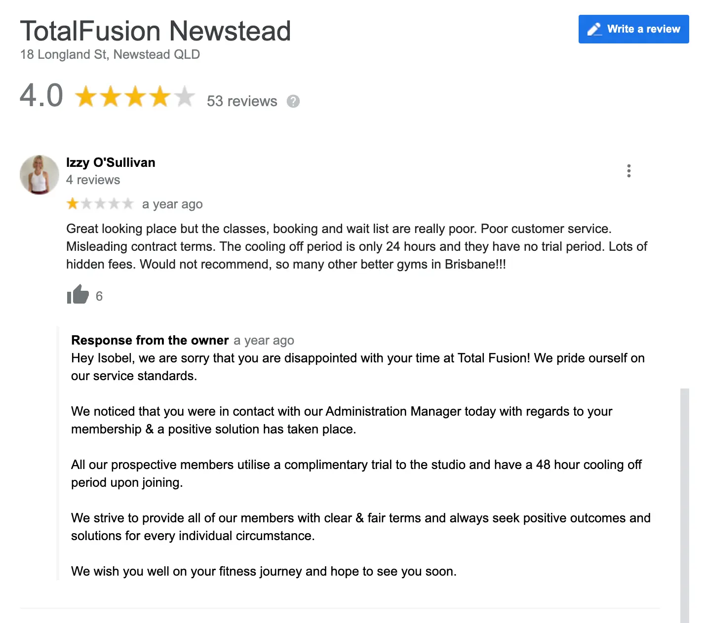 Gym membership negative review